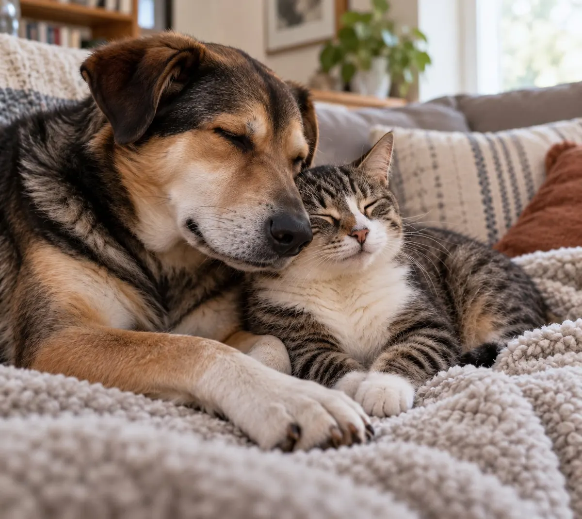 A dog and a tabby cat asleep together on a soft blanket